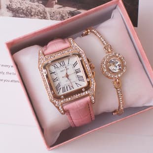 Square Watch Cross-Border Foreign Trade Rhinestone Women's Roman Numeral Bracelet Two-Piece Set Gift Casual Quartz Women's Watch