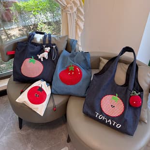 New Korean-Style Retro Denim Tote Bag with Large Capacity and Embroidered Tomato Design, Single Shoulder Underarm Bag