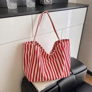 Korean-Style Retro Artistic Handbag, Simple and Fresh Striped Shoulder Bag, Casual and Fashionable Large-Capacity Shopping Bag