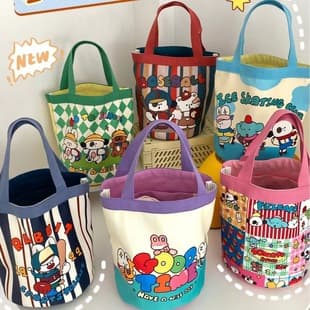 Cute Graffiti Bucket Bag ins Printed Cylindrical Bag Canvas Lunch Bag Korean Style Girl Hand Lunch Box Mommy Bag