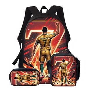 New Cross-Border Football Player Ronaldo Printed Backpack Three-Piece Set with Meal Bag Pencil Case Student Large-Capacity School Bag
