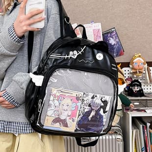 Japanese-Style Transparent Academy-Style Large-Capacity Backpack, New Model, Cute Anime Cat Student School Bag, Badge Holder Bag
