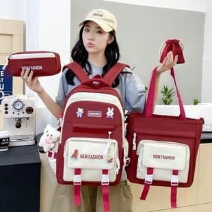Small Fresh and Fashionable Contrasting Color Student Schoolbag Female Junior High School Large-Capacity Campus Backpack Four-Piece Set Satchel Tutoring Bag
