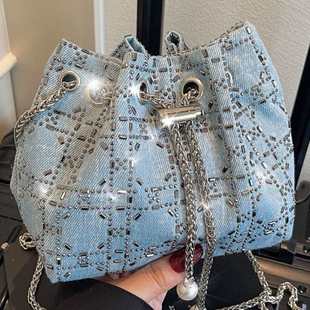 High-End Denim Bucket Bag 2026 New Autumn Fashion Trend Casual Versatile Chain Shoulder Crossbody Bag