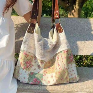 Korean-Style Floral Canvas Bag with Contrasting Lace Stitching, Large-Capacity Commuter Tote Bag, Casual Style Underarm Shoulder Bag