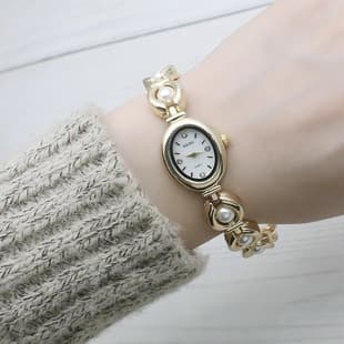 Rhinestone Oval Imitation Pearl Strap Girls Watch Women's Mesh Strap Watch Women's Watch Forest Quartz Watch Small Fresh