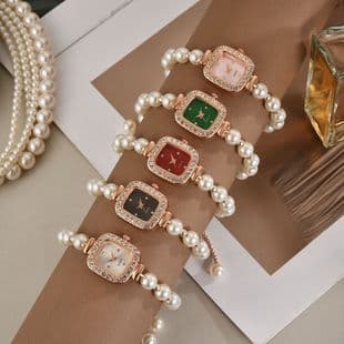 New Fashion Pearl Thin Band Diamond Square Women's Watch Free Adjustment Bracelet Watch Women's Gift Quartz Watch