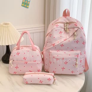 Girly Fresh Floral Versatile Lightweight Fashionable Trendy Three-Piece Backpack Set for Women with Cute Bowknot Print for Students