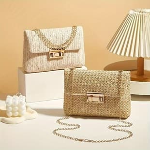 Sweet Style Fashionable Straw Double-Ended Lock Shoulder Bag 2024 Summer New Trendy Versatile Commuter Chain Crossbody Bag
