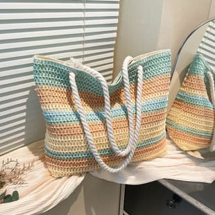 2025 New Fashion Shoulder Bag Women's Rainbow Stripe Color Contrast Straw Bag Large Capacity Seaside Holiday Beach Bag