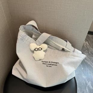 New Casual Striped Lazy Simple Large Capacity 2024 Commuter Canvas Bag Versatile Shoulder Tote