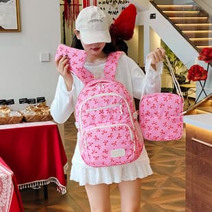 New Ins Bow High-End Three-Piece Bag College Student Bag Large Capacity Backpack Leisure Travel Fashion