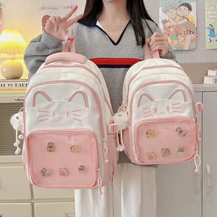 Japanese Ins Cute Cat Backpack Pain Bag Transparent Large Capacity Schoolbag All-match Casual Shoulder Bag
