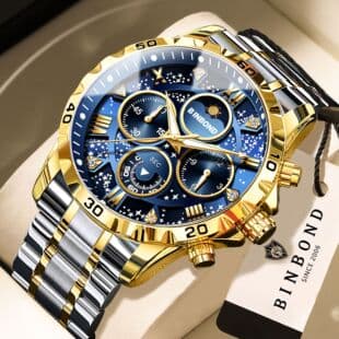 Binbond Steel Band Multifunctional Men's Watch, Luminous Waterproof Quartz Watch, Cross-Border Hot-Selling Model, Dropshipping Available