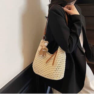 Vacation Bag 2026 New Woven Tote Bag New Casual Commuter Shoulder Crossbody Bag Seaside Hollow Beach Bag