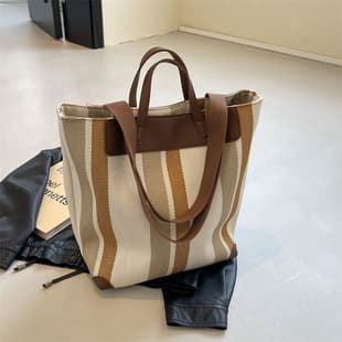 Large Capacity 2026 New Fashion Color-Block Striped Canvas Commuter Tote Bag Trendy French-Style Artistic Shoulder Bag