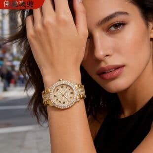 Women's Popular Star-Studded Diamond Watch, Roman Round Design, Full Diamond Bracelet Set, Quartz Watch