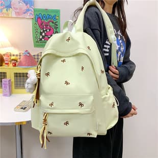 School Bag for Girls, Simple and Versatile Backpack for College and Middle School Students, Cute Embroidered Bow Backpack, Travel Backpack