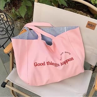 Large Capacity Tote Bag, Reversible Striped Shoulder Bag, Textured Lettering, College Student Canvas Bag, Women's Commuter Bag