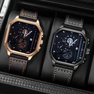 Manufacturer's In-Stock Men's Watches Wholesale Fashion Square Men's Quartz Watch Leather Strap Hollow Trendy Wristwatch