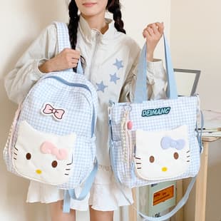Sweet Plaid Polka Dot Large Capacity Backpack Cute Kitty Cat Bow Student School Bag Tutoring Bag Shoulder