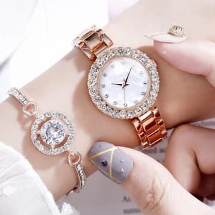 Tiktok Popular Foreign Trade Korean Version Trendy Fashion Versatile Bracelet Watch Two-Piece Set Bracelet Women's Watch with Diamonds Women's Watch
