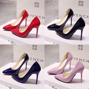 European Station Nude Stiletto High Heels Pointed Toe Black Work Shoes Women's Patent Leather Blue Large Size Shoes Red Wedding Shoes