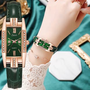 Light Luxury Rectangular Diamond-Encrusted Women's Leather Strap Watch with Roman Numerals, Red, Green and White Dial, Crocodile Pattern Thin Strap, Quartz Watch