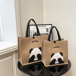New Portable Linen Tote Bag, Cute Panda Retro Linen Shopping Bag, Travel Bag, Shoulder Bag