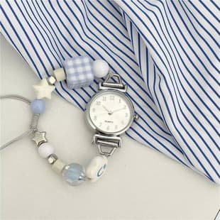Korean-Style Milk Blue Plaid Square Beaded Bracelet Watch with Adjustable Drawstring, High-Value Student Wristwatch for Girls, Wholesale