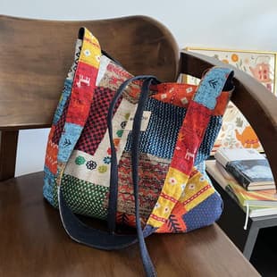 Double Bread Bohemian Denim Canvas Bag All-Match Commuter Tote Bag Two-Face Usable Vintage Contrast Crossbody Bag