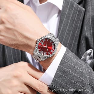 Cross-border bestseller European and American men's watch with steel band, hip-hop Roman numeral dial, diamond-encrusted calendar, men's quartz wristwatch