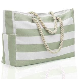Striped Beach Bag Large Capacity Sandproof Waterproof Shoulder Bag Swimming Pool Outdoor Travel Bag Multi-Pocket