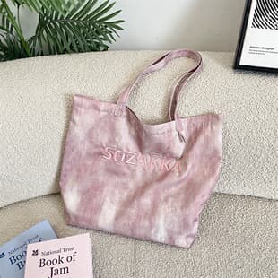 6474 Commuting Large-Capacity Tie-Dye Canvas Bag with Letter Embroidery Design for Girls' Daily Travel and Shopping Shoulder Bag