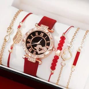Cross-Border New Model Women's Watch with Diamond-Encrusted Dial, Leather Strap, Quartz Movement, and Beaded Bracelet Set, in Stock, 6Pcs/Set