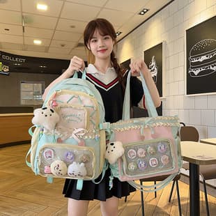New Style Schoolbag Women's High Color Value Contrast College Style Junior Senior high school Student Backpack Ballet Style Pleated Lace Pain Bag