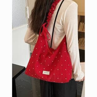 Korean-Style Floral Polka Dot Red Canvas Bag for Women 2026 Spring and Summer New Large-Capacity Versatile Shoulder Crossbody Bag V2