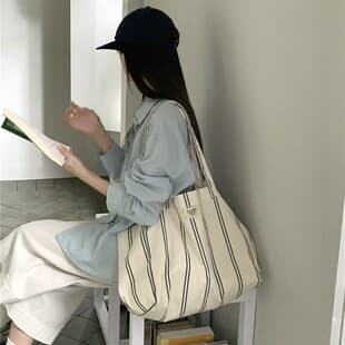 Canvas Bag with Niche Design, Korean Style, Single-Shoulder Striped Large-Capacity Tote, Simple Bag, Summer Style, Versatile for Women