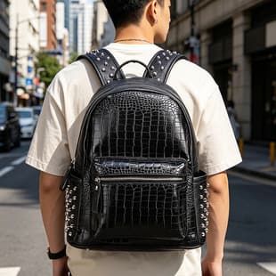 New Crocodile Pattern Men's Backpack, Trendy Rivet Travel Backpack, Large Capacity Computer Backpack, Student School Bag