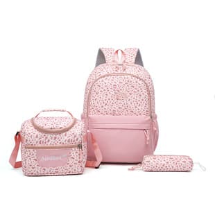 Cross-Border New Leopard Print Three-Piece Backpack Set, Large Capacity, Lightweight Student School Bag, Junior High School Student Set Bag, Pencil Case, Meal Bag