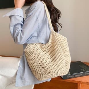 Lazy Tote New Style Casual Beach Shoulder Bag Handmade Straw Large Capacity Vacation Woven Hollow-Out Bag