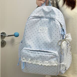 Korean-Style Ins College-Style Polka Dot High-Appearance Backpack for Middle School Students, Sweet Lace Edge Soft Girl Style Travel Backpack