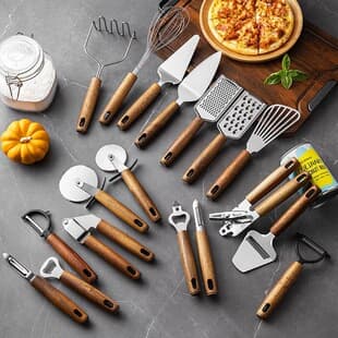 Stainless Steel Acacia Wood Peeler, Can Opener, Egg Beater, Cooking and Baking Set, Pizza Knife, Cheese Spatula, Kitchen Gadgets