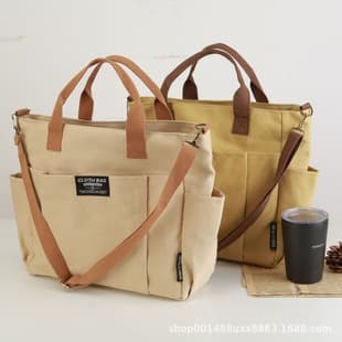 Thickened Canvas Tote Bag with Multiple Pockets, Japanese-Style Casual Student Computer Simple Handbag, Shoulder Crossbody Book Bag, Shoulder Bag