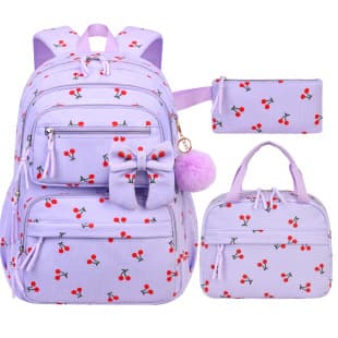 2026Amz New Corduroy Three-Piece Backpack Set with Cherry Pattern, Girly Style, Large Capacity, Lightweight Backpack
