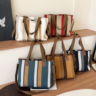 Large Bag for Women 2025 New Fashion Stripesd Canvas Bag Commuter Satchel Tote Bag Trendy One-Shoulder Cross-Body Mommy Bag