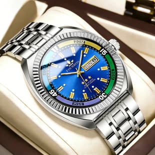 Cross-Border New Model Men's Watch with Steel Band, Dual Calendar, Luminous Large Dial, Fashionable Business Watch, Waterproof Quartz Watch