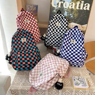 Korean Style Hong Kong Style Retro Backpack, Fashionable Casual Plaid Student School Bag, Versatile Color-Blocking Letter Backpack for Women Wholesale