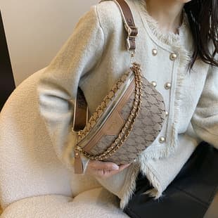 Fashion Popular Chest Bag Women's Rhombus Bag Pu Style Trendyy High-End Chain Crossbody Bag Casual Versatile Small Waist Bag