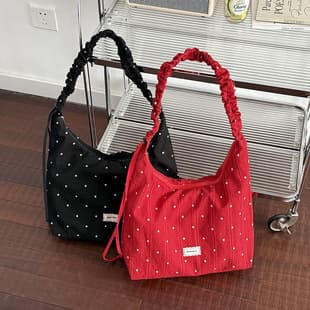 2026 New Summer Style Bag for Commuting, Large Capacity, Stylish and Fashionable Korean Style Polka Dot Casual Pleated Tote Bag